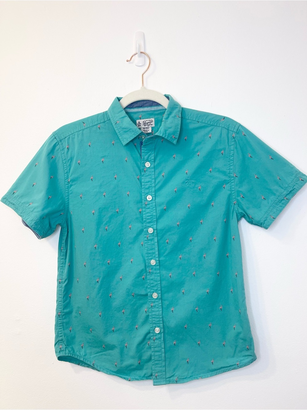 Original Penguin Flamingo Teal Short-Sleeve Button-Up Shirt Size 10/12 EUC